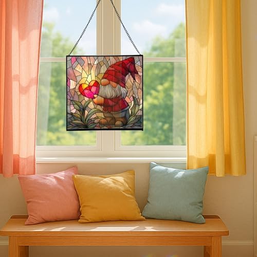 Valentine Gnome Hug Stained Glass Suncatcher – Square Hanging Window Panel for Home or Greenhouse – Whimsical Glass Art Gift for Garden Lovers, Christmas, Halloween, Father Days PHaf2k - Image 5