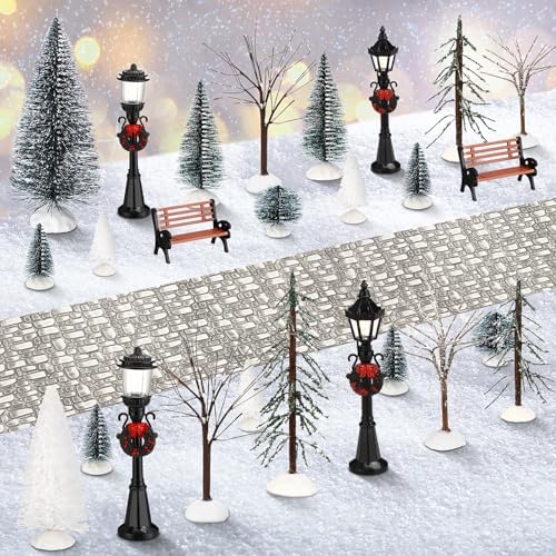 Hotop 28 Pcs Mini Artificial Christmas Village Tree Set Snow Christmas Pine Bare Branch Trees Xmas Street Lamp Post Miniature Park Bench Seat Cobblestone Street for Decoration(Vivid) by Hotop