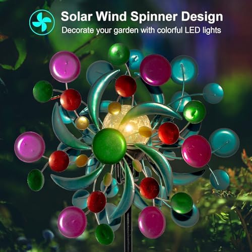 Colorful Solar Wind Spinner Outdoor Metal - 61" Geometric Kinetic Wind Catcher with Crackle Glass LED Light, IP65 Waterproof Yard Art Garden Decor for Patio Lawn Pathway, Unique Gifts for Women/Mom - Image 5