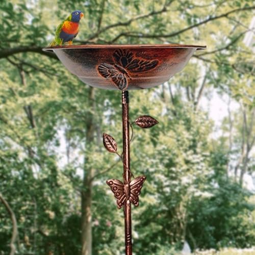 Bird Bath Bowl Outdoor Birdbath Birdfeeder Iron Decor Metal Stake Patio Stand Spa Decoration Vintage Copper Iron Build for Long, Red Bronze Butterfly - Image 5