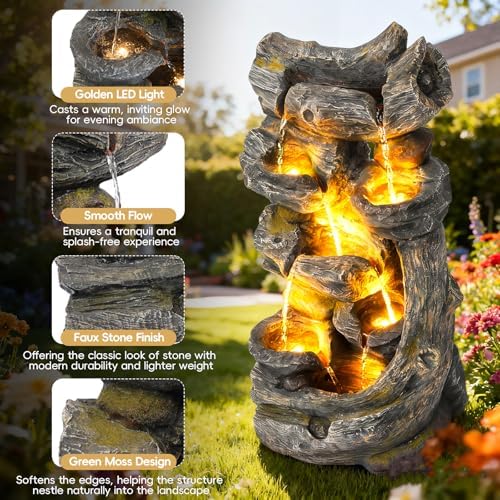 7-Tier Cascading Outdoor Water Fountains with LED Lights, 37.2" H Large Outdoor Waterfalls with Moss & Wood-Look for Garden, Patio, Yard Decor - Image 2