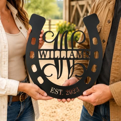 Personalized Horseshoe Metal Sign with Initial and Family Name, Custom Monogram Metal Wall Art Last Name Sign, Equestrian Horse Lover Gift for Living Room Decor - Image 2