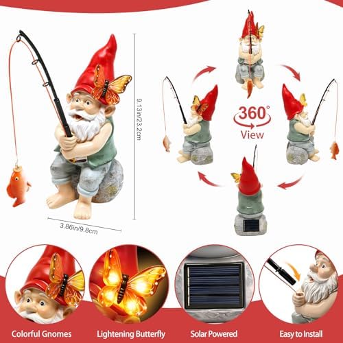 Solar Garden Gnome Statues, Outdoor Fishing Gnome with Butterfly Solar Lights Waterproof, Birthday Gifts for Mom Women Mother's Day, Garden Figurines for Yard Decor Patio Porch Lawn Ornaments - Image 2