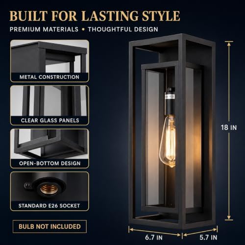 18 Inch 2 Pack Outdoor Wall Lantern Light Fixture，Large Black Exterior Wall Sconce with Clear Glass | Waterproof Anti-Rust Porch Light with E26 Socket for Entryway, Patio, Garage - Image 3