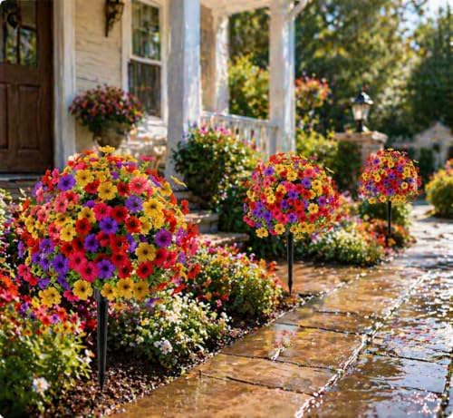 Outdoor Artificial Flowers Fake Plants, Artificial Topiary Balls with Ground Spikes, UV Resistant, Mix 4 Colors, 2 Pack, 20 inch, Garden Porch Patio Gravesite Indoor Decor (2 Pcs Yellow) - Image 5