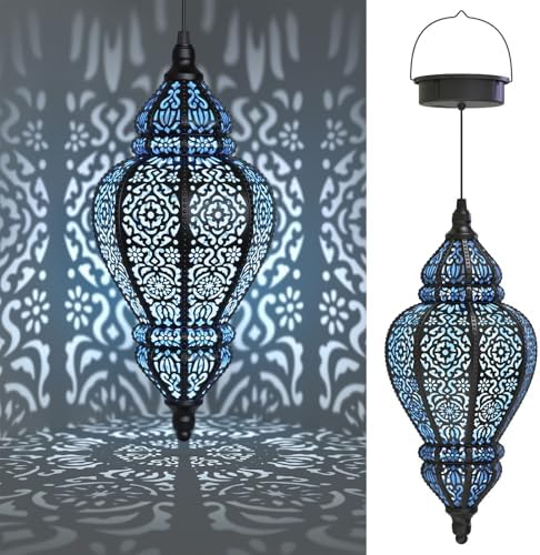 Moroccan Hanging Solar Lights Outdoor Lantern Bidirectional Availabili Garden Decor Waterproof Plastic Blue Decorations for Patio Pathway Yard Backyard Solar Powered Garden Decorative (Black, 2) by Hapjoy