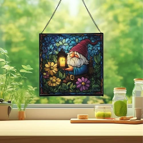 Candlelight Gnome Night Stained Glass Suncatcher – Square Hanging Window Panel for Home or Greenhouse – Whimsical Glass Art Gift for Garden Lovers, Christmas, Halloween, Father Days fqYaay - Image 2