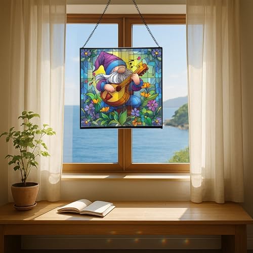 Musician Gnome Stained Glass Suncatcher – Square Hanging Window Panel for Home or Greenhouse – Whimsical Glass Art Gift for Garden Lovers, Christmas, Halloween, Father Days Dxyh3Y - Image 6