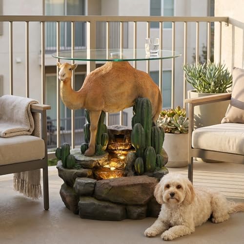 Modern Indoor Water Fountain with Glass Table, 22.8" H Outdoor Water Fountain LED Lighted Camel Fountain with Table, Water Feature for Garden, Deck, Living Room, Bedroom, Office Décor - Image 6
