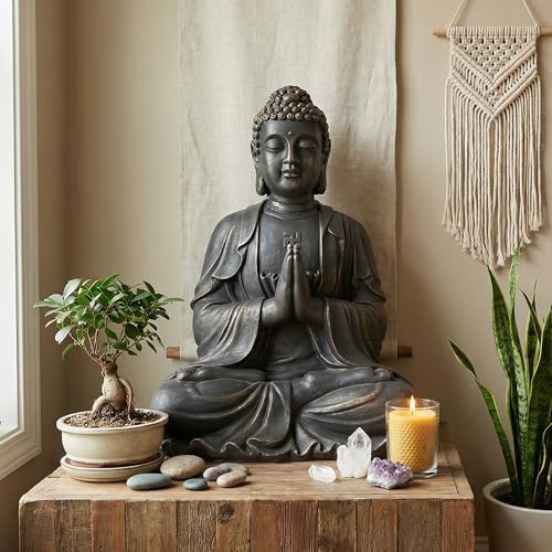 Sculptures Buddha Statue, Garden Statues 23.6 Inch Tall, Large Magnesium Oxide Buddha Sculpture Indoor & Outdoor, Statue for Home Decor Yard Porch Patio, Dark Gray with Gold Accents - Image 3