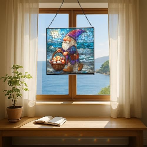 Shell Collector Gnome Stained Glass Suncatcher – Square Hanging Window Panel for Home or Greenhouse – Whimsical Glass Art Gift for Garden Lovers, Christmas, Halloween, Father Days dc1aKu - Image 6