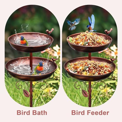 Metal Bird Bath Bronze 2-in-1 Freestanding Garden Birdbath - Image 5