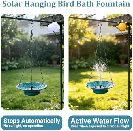 Hanging Bird Bath with Solar Fountain 29.5" H x 12.6" W Upgraded Metal Blue - Image 3
