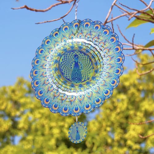 Peacock Wind Spinner, Peacock Gift for Women Men, 12in Spinfinity Designs Stainless Steel Hanging Wind Spinners with 3D Visual Effect, for Indoor/Outdoor Decor, Yard Art, Garden Decorations - Image 7
