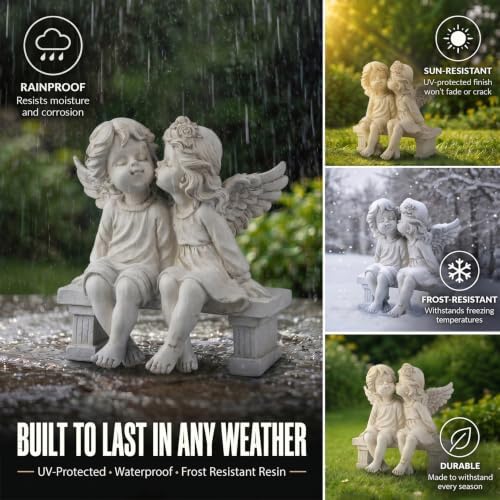 Kissing Angels Garden Statue Outdoor Decor, Cute Vintage Cherub Couple on Bench Resin Sculpture, Weather-Resistant Yard Art for Patio, Lawn, Memorial Garden Gifts for Women (Stone) - Image 6