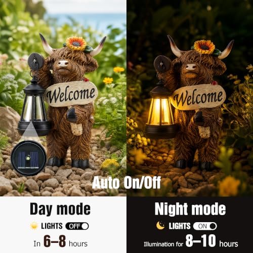 Highland Cow Solar Lights Outdoor Decor, Resin Cow Statue with LED Lights, Waterproof Farmhouse Garden Figurine, Decorative Solar Powered Light for Yard, Patio, Lawn, Porch, Pathway - Image 2