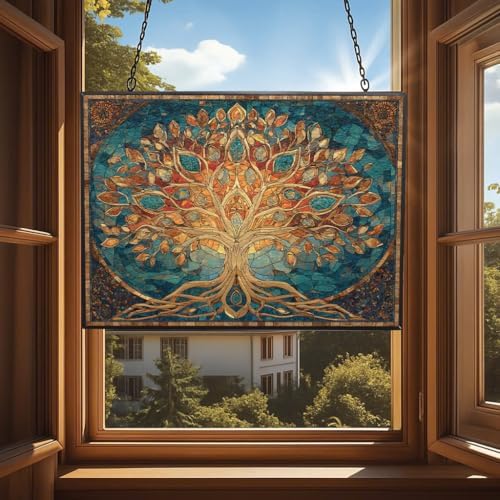 Rectangle Mosaic Sacred Geometry Tree of Life Stained Glass Suncatcher Window Hangings, Suncatchers Colorful Glass Panel Sun Catchers Gifts, Decoration for Home Garden Decor - Image 4