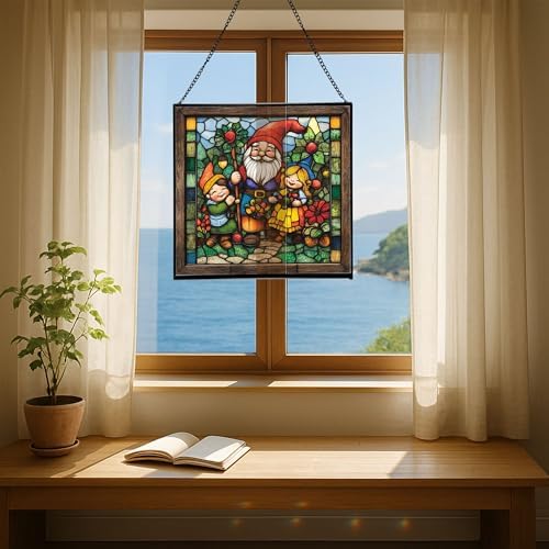 Gnome with Seasonal Celebration Stained Glass Suncatcher – Square Hanging Window Panel for Home, Garden, Nursery, Halloween, Christmas, Memorial Day – Whimsical Glass Art Gift for Gnome Lovers sfibxo - Image 6