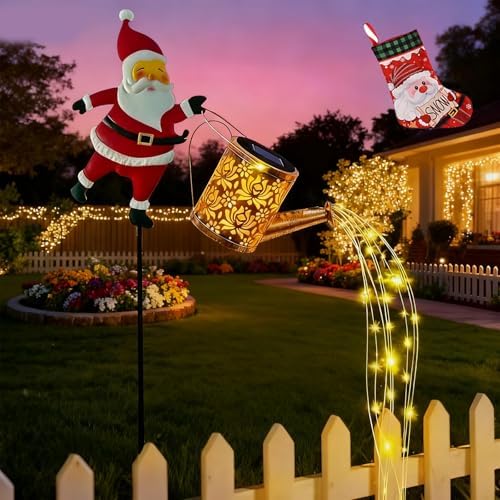 Christmas Solar Kettle Lights Garden Lawn Decorative Lights, Hanging Metal Solar Santa Claus Watering Can Light, Twinkling Santa Kettle Lights for The Season, for Pathway Yard Patio (Warm*1) by Unknown