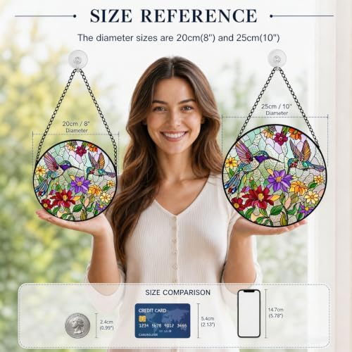 Window Hanging Suncatcher | 3D Embossed Stained Glass Hummingbird & Flowers Design | Diamond Glass Rainbow Catcher with Crystal Chime & Cat Hook Gift Set -Large - Image 6