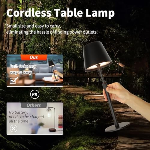 Mr.White Outdoor Waterproof Rechargeable Cordless Table Lamp with Telescopic Pole & Wicker Shade, 5200mAh Battery Operated Table Light with Touch Control, for Patio Restaurant Kitchen (Black) - Image 5
