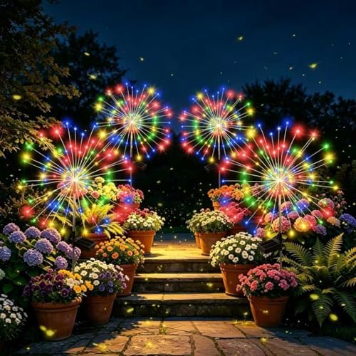 Solar Garden Lights Outdoor Decorative, 4pack 120 LED Firework Lights Waterproof，Solar Fairy Lights for Outside,Garden,Yard, Patio,Pathway,Flowerbed,Party(Multicolor) by Unknown