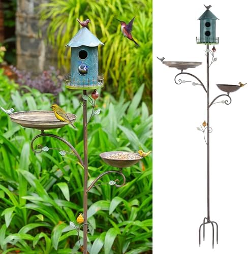 Metal Bird Bath Feeder and Houses for Outdoors, Birdbaths for Outside with 4-Prong Stake, 3 in 1 Free Standing with Blue House on Pole for Garden Patio Yard Lawn by CaliDecor-UpgradeYourHome