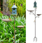 Metal Bird Bath Feeder and Houses for Outdoors, Birdbaths for Outside with 4-Prong Stake, 3 in 1 Free Standing with Blue House on Pole for Garden Patio Yard Lawn by CaliDecor-UpgradeYourHome
