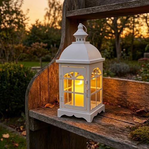 TRIROCKS Decorative Vintage Candle Lanterns 14.5" H Farmhouse Outdoor Hanging Lanterns with Tempered Glass for Porch, Balcony, Patio, Home, Centerpieces, Indoor, Outdoor(White) - Image 5