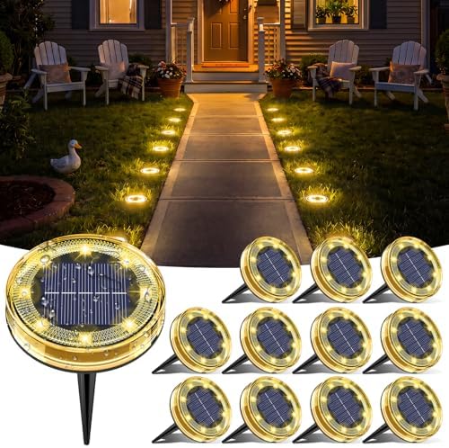 vighep 12 Pack Solar Ground Lights, 2.8 inch Flat Solar Light Outdoor Waterproof, Anti Rust, Low Profile Led Solar Powered Disc Lights Landscape Lighting for Yard,Walkway,Lawn,Path - Warm White by Vighep