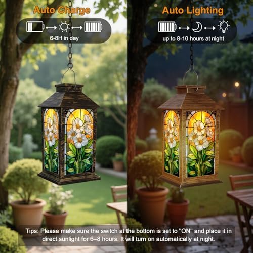 Solar Lantern Outdoor Garden Hanging Lantern Stained Glass Artwork White Flowers Green Leaves Warm Sunset Waterproof Solar Powered Lighting Outside Table Lamp for Patio Deck Yard Camping - Image 4