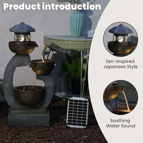 Tankana 35.5" H Solar Water Fountain Outdoor Garden 3-Tier Cascading Bowl Solar Powered Fountain Waterfall with LED Light Japanese Garden Style for Patio Yard Balcony Porch Home Decor, Bronze Finish - Image 5