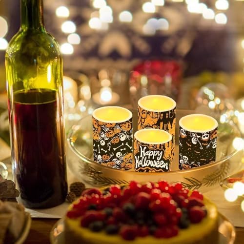 5.7" x 3" Battery Operated Flameless Candles with Timer Happy Halloween Skeleton LED Candles with Remote for Outdoor Indoor Decoration Electric 4Pcs Plastic Pillar Lights Bulk - Image 6