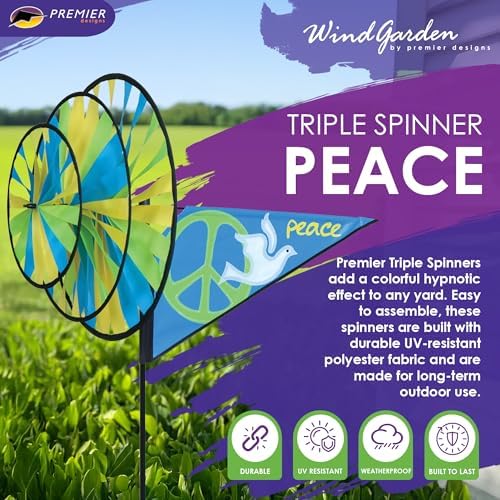 Premier Kites Triple Spinner Peace – Eye-Catching Garden Spinner with Colorful Triple Wheels, Durable Weather-Resistant Fabric, Easy Assembly, Outdoor Décor for Patios, Lawns, Gardens & Yards - Image 2