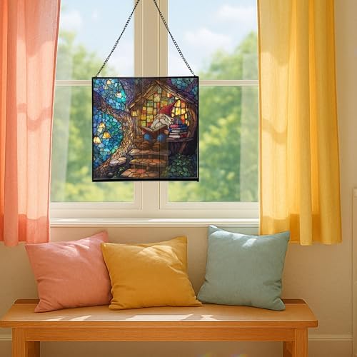 Gnome Reading in Treehouse Stained Glass Suncatcher – Square Hanging Window Panel for Home or Greenhouse – Whimsical Glass Art Gift for Garden Lovers, Christmas, Halloween, Father Days yU5sb7 - Image 5