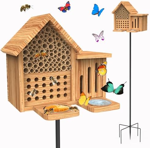 Mason Bee House Wooden Butterfly House with Feeders and Metal Stake, Insect Hotel for Garden Backyard, Natural Handmade Waterproof Bugs House, Attracts Bee, Butterfly, Ladybirds Pollinators by KAWAHAYO