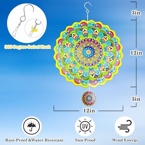 Mandala Wind Spinner, Mandala Gift for Women Men, 12in Spinfinity Designs Stainless Steel Hanging Wind Spinners with 3D Visual Effect, for Indoor/Outdoor Decor, Yard Art, Garden Decorations - Image 3