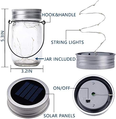 Outdoor Hanging Lanterns Solar Powered Mason Jar Lights with 30 LEDs Led String Lights for Wedding Garden Patio (Jars & Hangers Included) (6-Pack) - Image 6