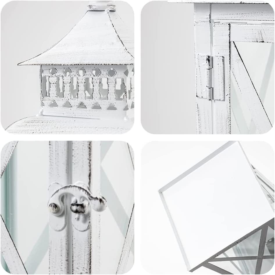 Lantern Decorative Indoor & Outdoor, 2 PCS 14.8''H Large Square Hanging Spring Home Decor, Vintage Metal Decorative Candle Lanterns for Outdoor Patio Wedding Party (White with Black Brush) - Image 5