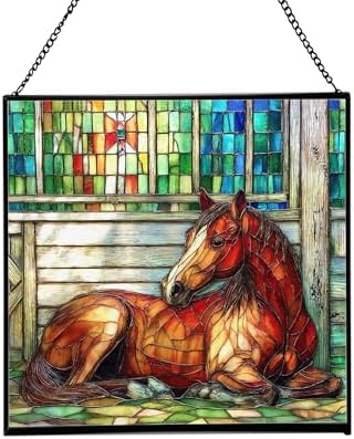 Chestnut Morgan Horse Resting Near barn Window Square Suncatcher – Stained Glass Style Window Panel with Pastoral Scene, Custom Decorative Hanging Art for Equestrian Home, Christmas 7IfYQe by Custom