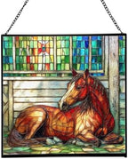 Chestnut Morgan Horse Resting Near barn Window Square Suncatcher – Stained Glass Style Window Panel with Pastoral Scene, Custom Decorative Hanging Art for Equestrian Home, Christmas 7IfYQe by Custom