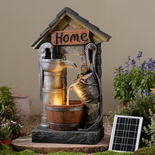 28.7" H Solar Outdoor Water Fountain,3-Tier Solar Powered Rustic Barrel Pump Water Fountain Cascading Waterfall Fountains Outside for Garden, Patio, Backyard, Porch/Two Placement Options by Pivotify