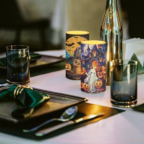Pack of 2 Halloween Flameless Candles with Remote Battery Operated Candles with Timer Flickering LED Elictric Pillar Lights for Party Home Decor, Bat Owl Ghost Print - Image 4