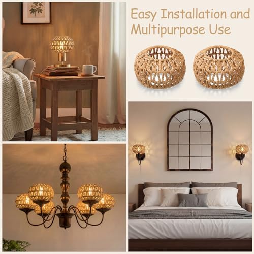 6 Pcs Small Rattan Lamp Shade Lantern Shape Boho Rattan Chandelier Shades Replacement Handwoven Hanging Light Shades for Table Floor Lamp Pendant Light Fixtures, 4.3" H x 6.7" D - Image 3