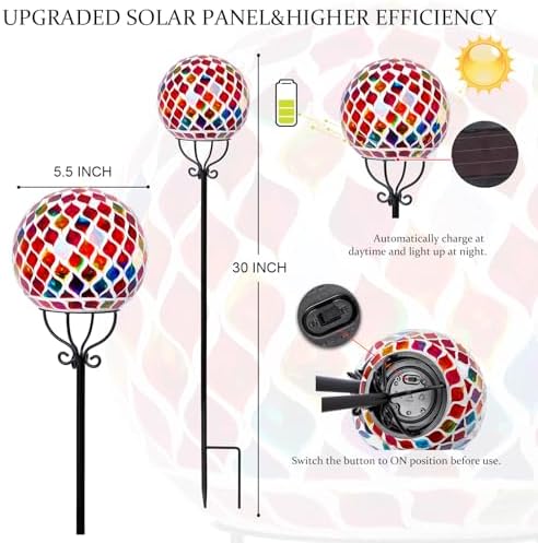 VCUTEKA Decorative Solar Garden Lights, 6" Mosaic Globe Outdoor Stake - Image 3
