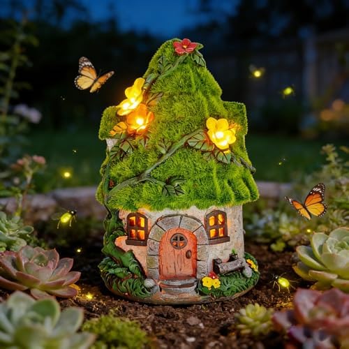 COWOS Solar Powered Mossy Fairy Cottage with LED Lights - Resin Miniature Garden House, Waterproof Outdoor Statue for Patio, Yard, Lawn, Gift for Garden Lovers & Kids - Image 5