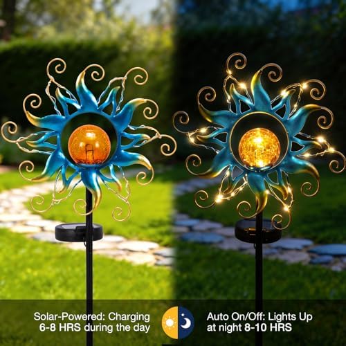 Solar Lights Outdoor Garden Decor, Blue Metal Sun Crackle Glass Globe Stake Waterproof 30LED Decorations Unique Gifts for Women,Mom,Outside, Patio,Lawn,Yard,Pathway - Image 5