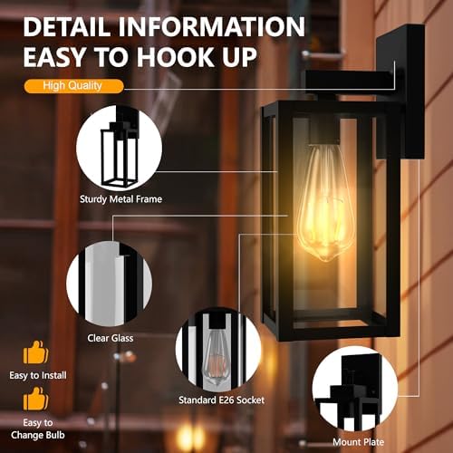Outdoor Wall Light Fixtures Exterior Waterproof Porch Lights Outdoor Anti-Rust Wall Lantern with Clear Glass Patio Sconce Light - 2 Pack - Image 5