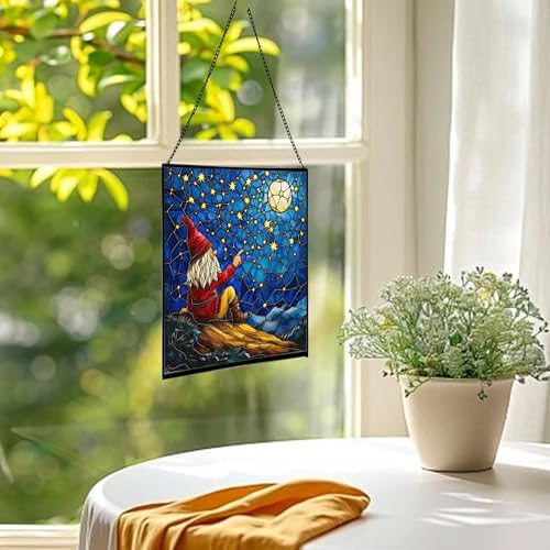 Gnome Stargazing Hill Stained Glass Suncatcher – Square Hanging Window Panel for Home or Greenhouse – Whimsical Glass Art Gift for Garden Lovers, Christmas, Halloween, Father Days CS5nfH - Image 3