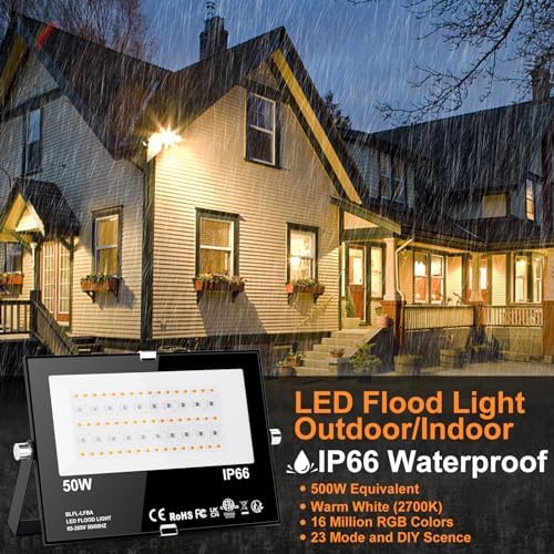 LED Flood Light Outdoor 500W Equivalent 5000 LM,Smart RGB Color Changing Floodlight with APP Control, Warm White 2700K&16 Million Colors, DIY Scene,Timing,Music Sync, IP66 Waterproof,US Plug（2 Pack） - Image 2
